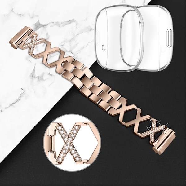 Fitbit Sense / Versa 3 X-formad klockrem med strassdekor och genomskinligt skydd - Guld Guld