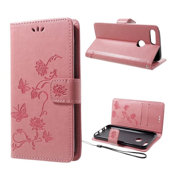 Huawei P Smart mobiletui i kunstlæder med indgraveret sommerfugl og blomster - Lyserød Pink