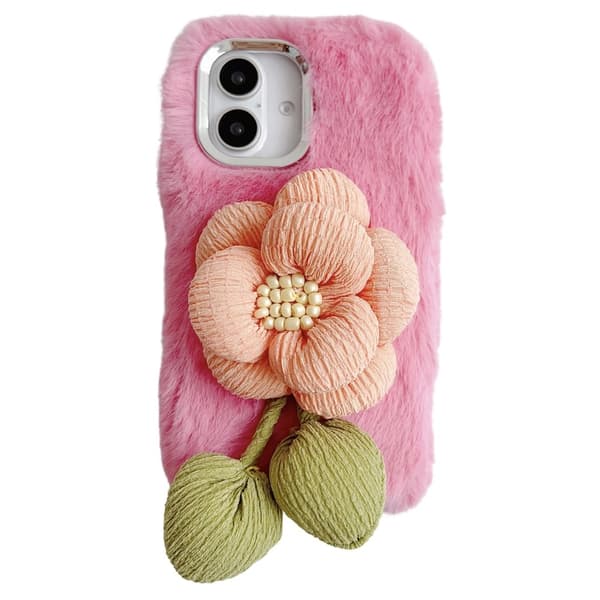 iPhone 16 Plus Plush Phone Case 3D Flower Decor Fluffy Fleksibelt bagcover - Lyserød Pink
