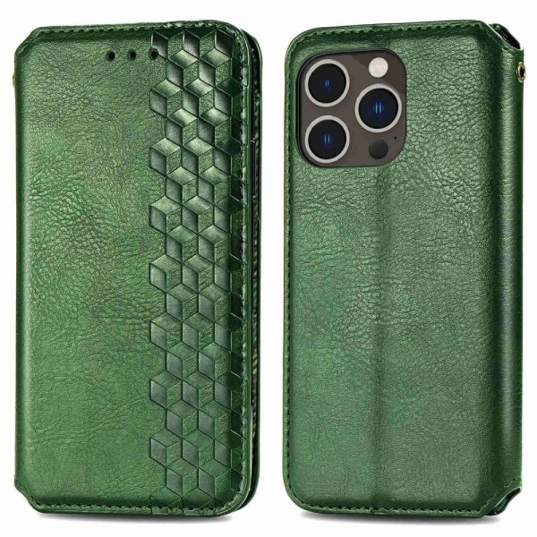 Läder iPhone 14 Pro fodral med romb-design - Grön Grön