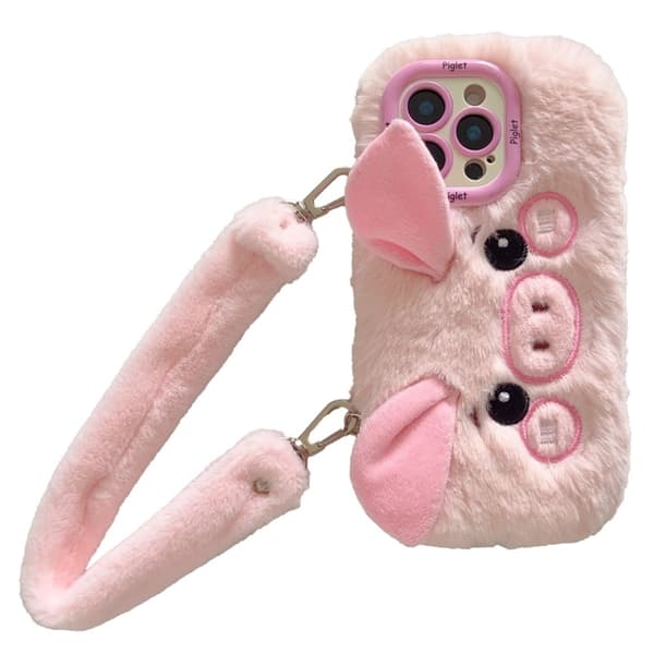 KJS-019 iPhone 15 Pro Max Case Lens Kickstand Flexible Piglet Plush Handheld Phone Cover - Pink Pink