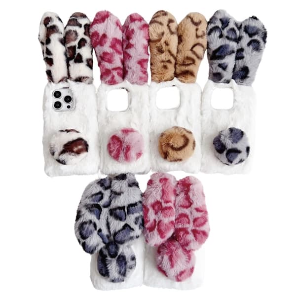 iPhone 16 Pro Max Case Fluffy Leopard Splicing Bunny Plush Flexible Phone Cover - White White