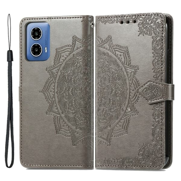 Mandala Motorola Moto G34 etui i lær - Grå Silver grey
