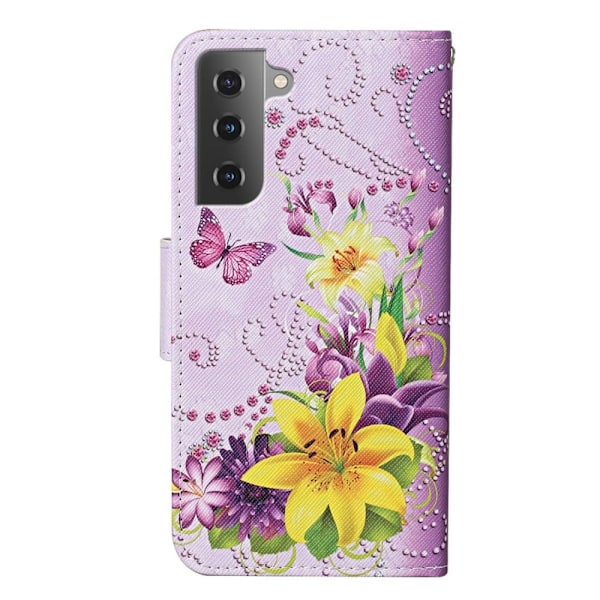 Wonderland Samsung Galaxy S23 Plus Flip Etui - Gule Blomster / Sommerfugle Pink
