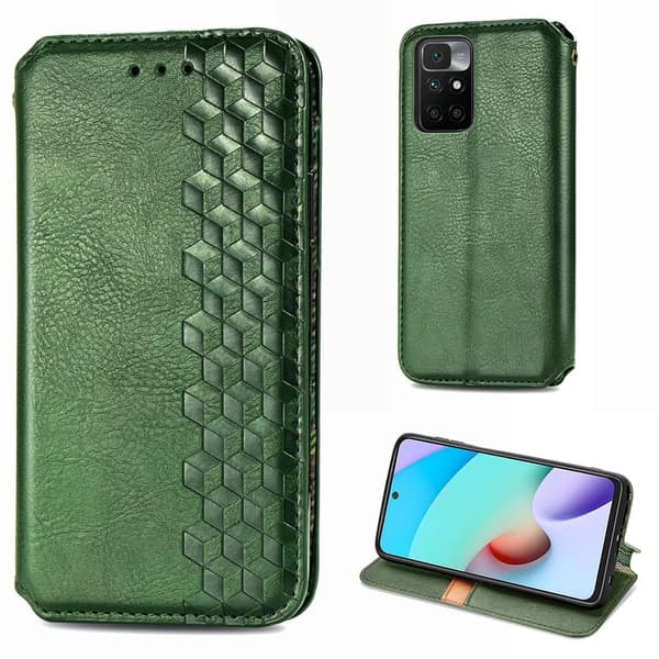Læder Etui med A Stilfuldt Rhombus Tryk til Xiaomi Redmi Note 10s / Redmi Note 10 - Grøn Green