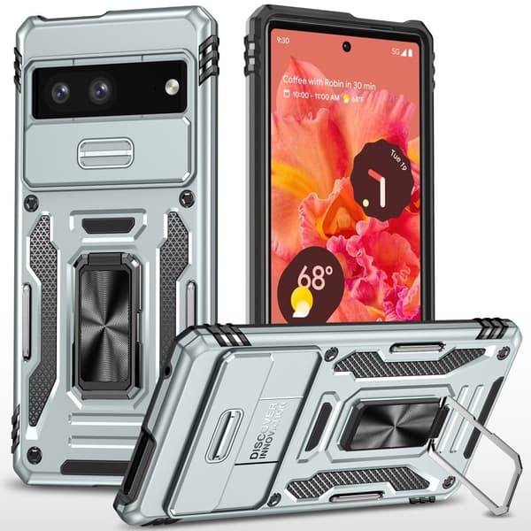 Armor Series Google Pixel 9-etui Støtsikkert og fleksibelt telefondeksel med kickstand og skyvbart linseskjerm - Grå Silver grey