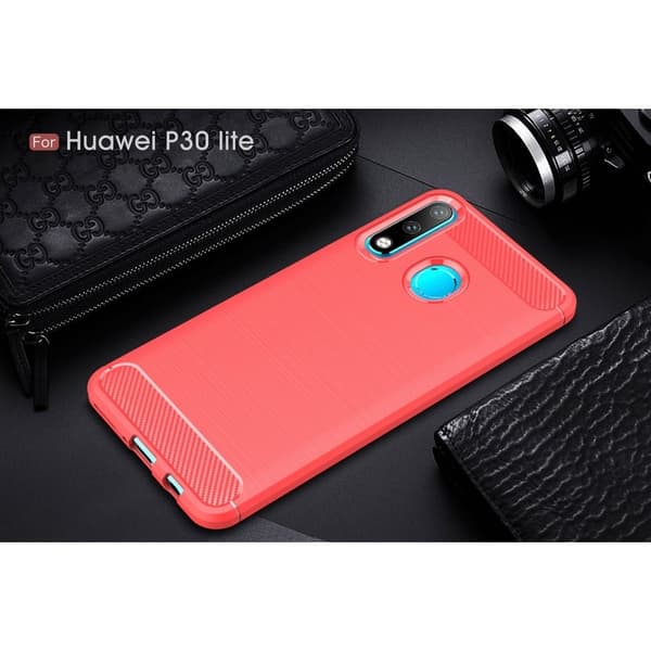 Huawei P30 Lite Karbonfiber Tekstur Børstet Etui - Rød Red
