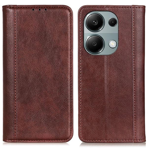 Ekte lærdeksel med magnetisk lukking for Xiaomi Redmi Note 13 4G - Brun Brown
