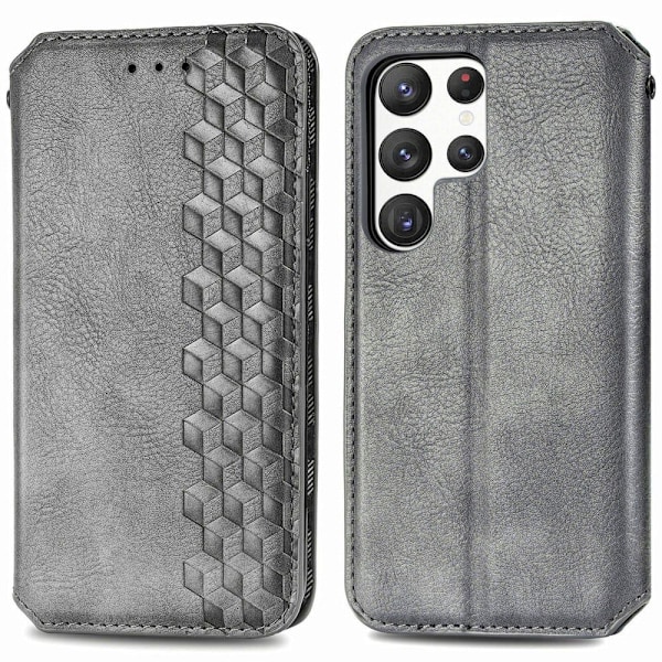 Læder Etui med A Stilfuldt Rhombus Tryk til Samsung Galaxy S23 Ultra - Grå Silver grey