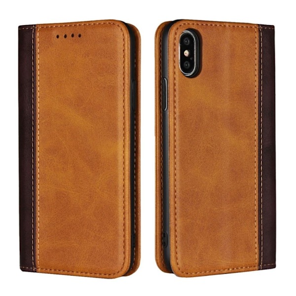 iPhone XS tvåfärgat plånboks fodral av syntetläder och magnet lås - Brun Brun