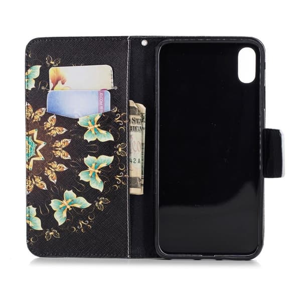iPhone Xs Max flip cover i læder med mønsterprint - Farvede Sommerfugle Multicolor