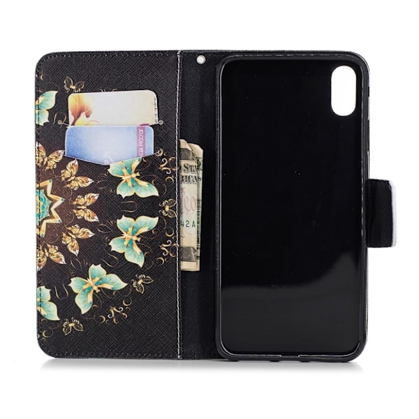 iPhone XS Max mobilfodral silikon konstläder stående plånbok - Färgfulla fjärilar multifärg