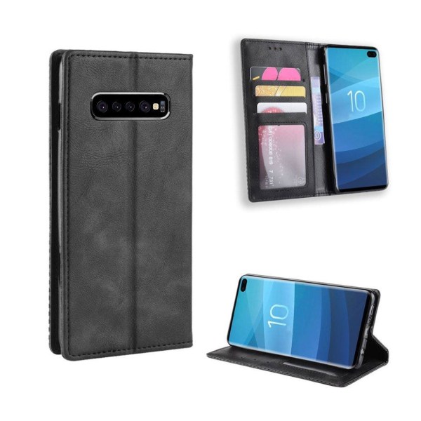 Samsung Galaxy S10 Plus vintage tyylinen nahkainen flip suojakotelo - Musta Black