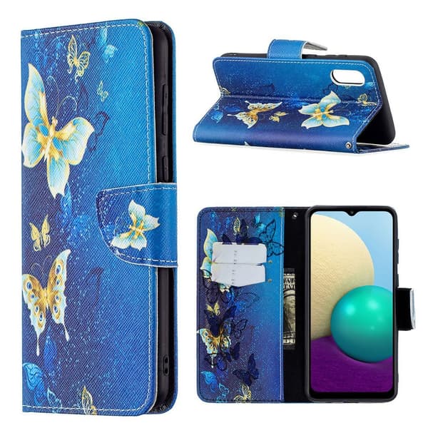 Wonderland Samsung Galaxy A02 Flip Etui - Guld Sommerfugle Blue