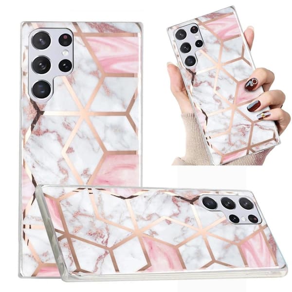 Marble Samsung Galaxy S22 Ultra Etui - Lyserød / Hvid Marmor Pink