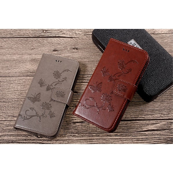 Samsung Galaxy J3 (2017)  Flot læder etui med sommerfugle - Brun Brown