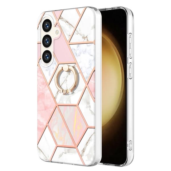 Marmormønstret deksel med ringholder for Samsung Galaxy S24 Plus - Rosa / Hvit Pink