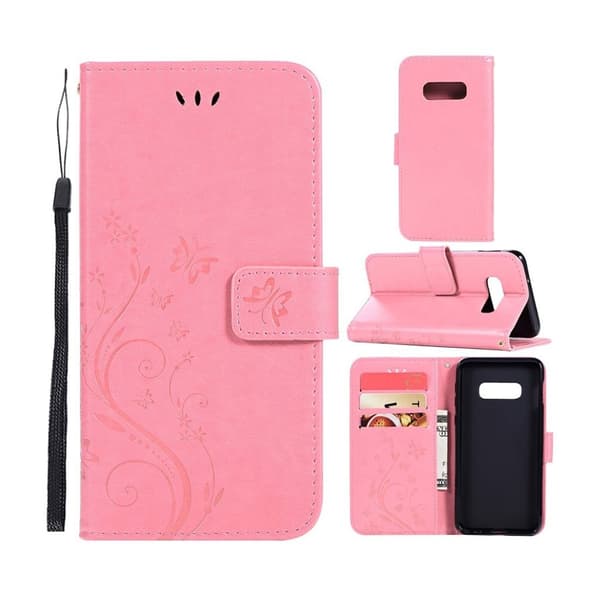 Samsung Galaxy S10 Plus sommerfugle- og blomstertryk læder flip etui - Lyserød Pink