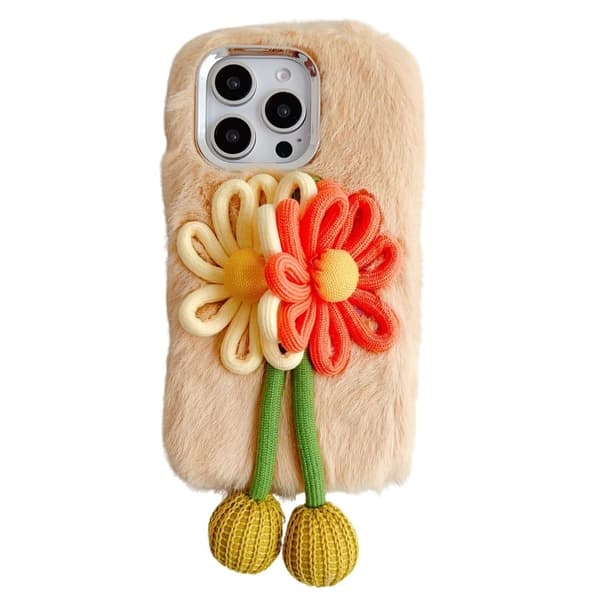 iPhone 16 Pro Max Case Two Flowers Decor Outer Fluffy Plush Inner Flexible Phone Cover - Beige Brown
