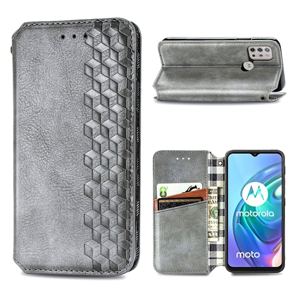 Läder Motorola Moto G30 fodral med romb-design - Silver/Grå Silvergrå