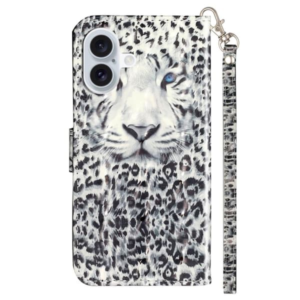 iPhone 16 Plus-etui med 3D-mønster trykt lærlommebokdeksel i bokstil - Leopard Black
