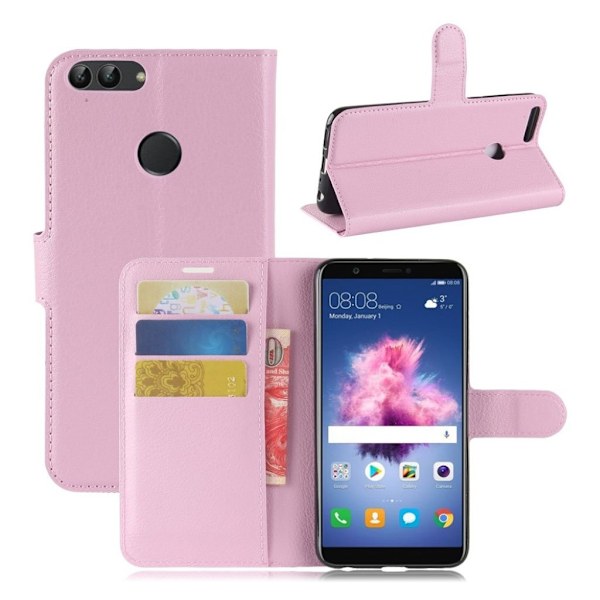 Huawei P Smart etui i læder med kortholder - Lyserød Pink