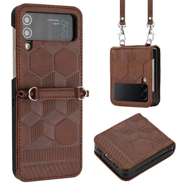 Samsung Galaxy Z Flip3 5G soccer pattern leather case with strap Brown