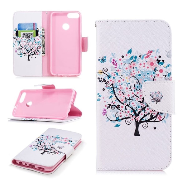 Huawei P Smart Mønstret Lær Flip Etui - Floret Træ Multicolor