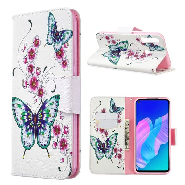 Wonderland Huawei P40 Lite E kotelot - Sininen Perhonen ja Kukat Multicolor