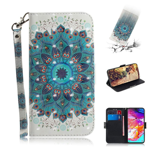 Samsung Galaxy A70 dekorationsmønstret lædercover - blå blomst Blue
