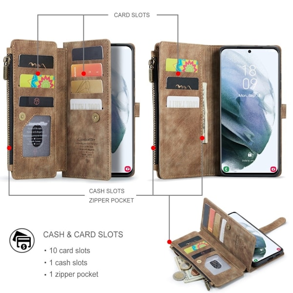CaseMe Samsung Galaxy S21 Plus 5G etui med lynlås og pung - Brun Brown
