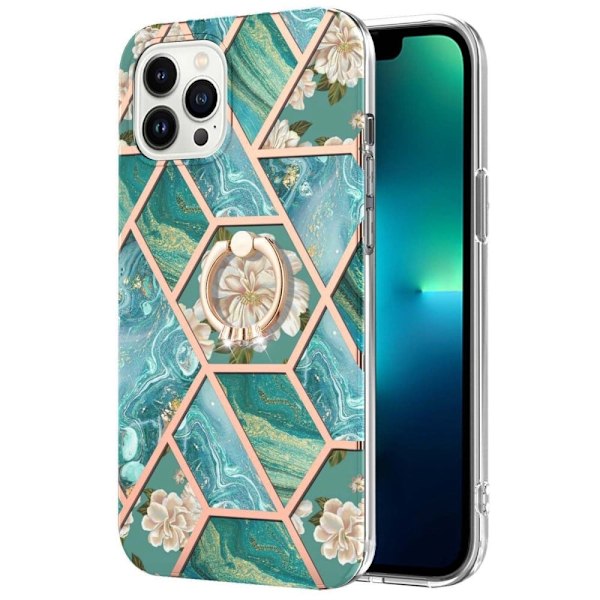 Marble Mønstret Deksel med Ring Holder til iPhone 14 Pro Max - Blåe Blomster Blue