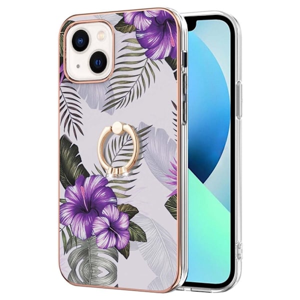 Marble Patterned Suojakuori With Ring Holder For iPhone 14 - Purple Flowers Purple