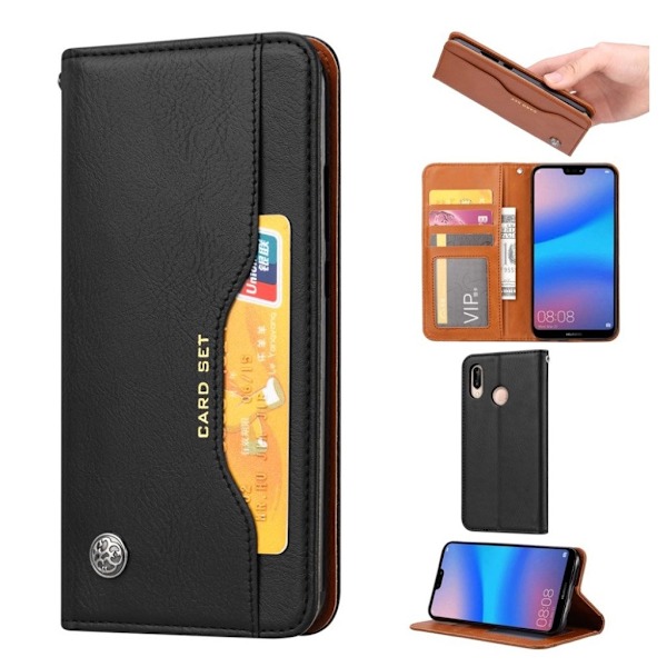 Huawei P20 Lite auto-absorberende PU læder flip etui - Sort Black