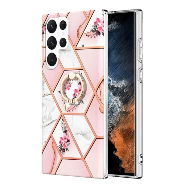 Marble Mønstret Cover med Ring Holder til Samsung Galaxy S22 Ultra - Lyserøde Blomster Pink