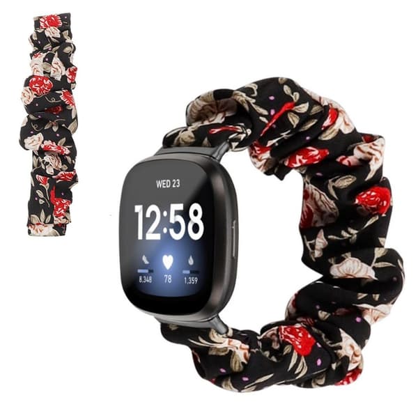Fitbit Versa 3 / Sense hårbånd stoffklokkebånd - Svart / Røde Blomster Multicolor