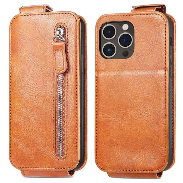 Vertikalt iPhone 14 Pro Max fodral med dragkedja - Brun Brun
