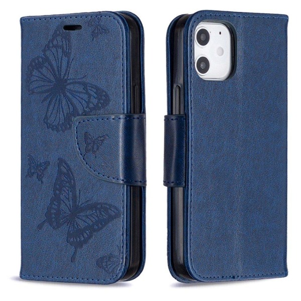 Butterfly iPhone 12 Mini Læderetui - Blå Blue