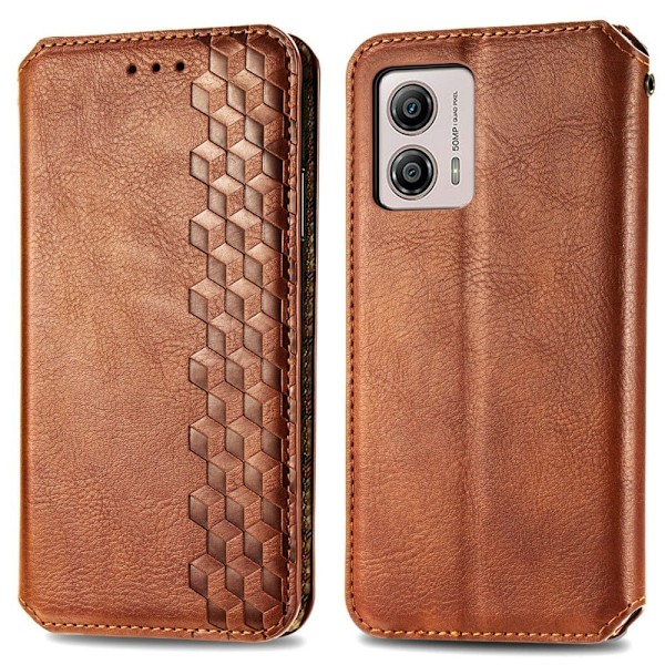 Læder Etui med A Stilfuldt Rhombus Tryk til Motorola Moto G53 - Brun Brown