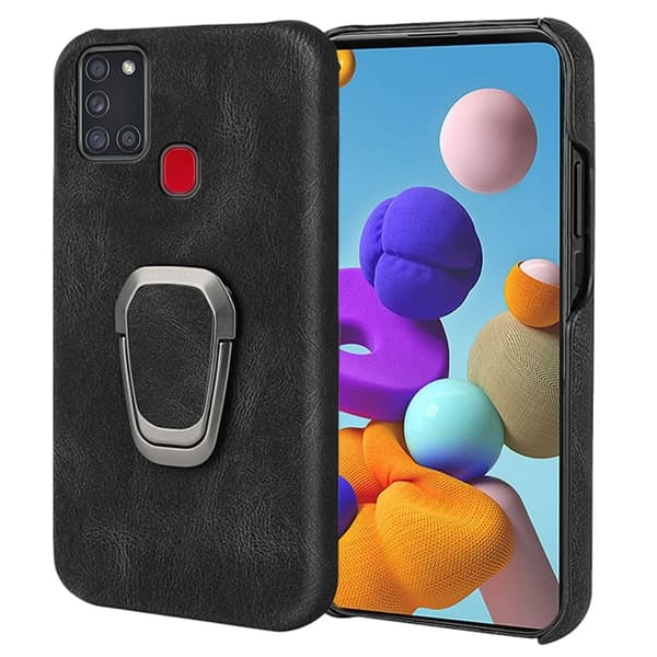 Stødsikkert lædercover med oval kickstand til Samsung Galaxy A21s - Sort Black