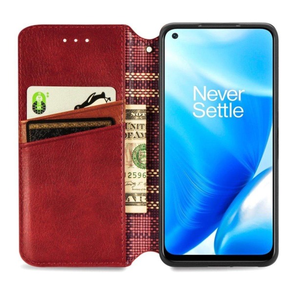 Nahkakotelo With A Stylish Rhombus Imprint For OnePlus Nord N200 5G - Punainen Red