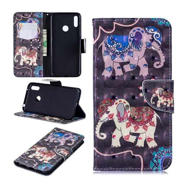 Huawei Y7 2019 mönstrat läderfodral - Elefant multifärg