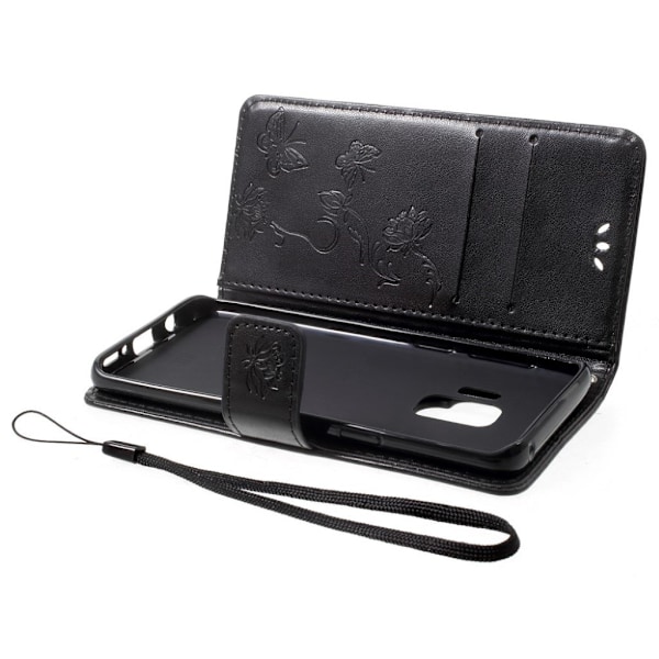 Samsung Galaxy S9 stemplet sommerfugl Blomster PU læder flip etui - Sort Black