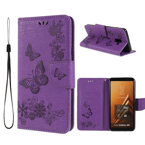 Samsung Galaxy A8 (2018) imprinted sommerfugl Blomster PU læder flip etui - Lilla Purple