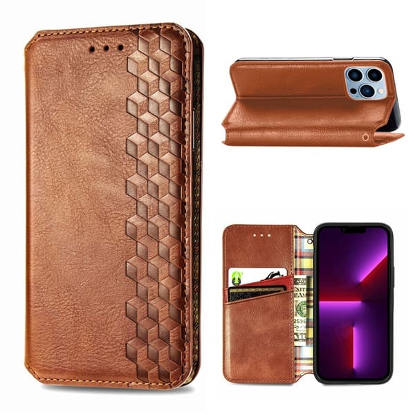 Lær Etui med A Stilfull Rhombus Imprint til iPhone 13 Pro Max - Brun Brown