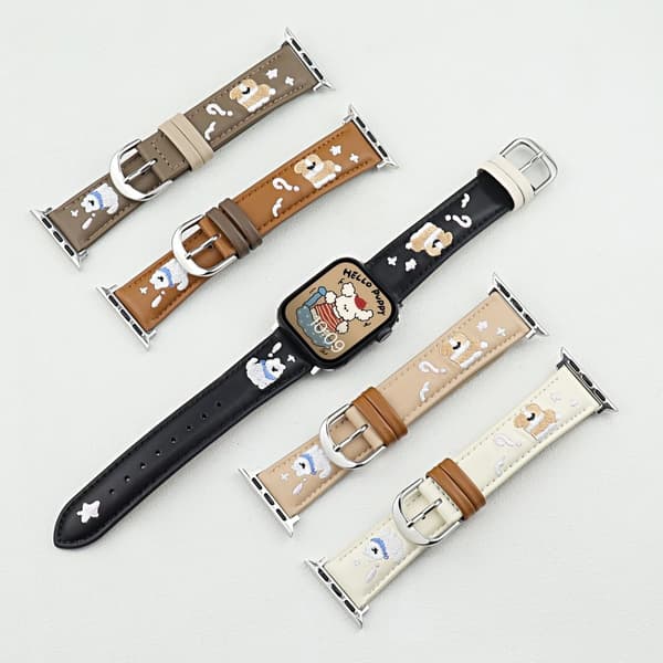 Leather Strap Apple Watch Series 10 46mm Cat Embroidery Adjustable Band - White White