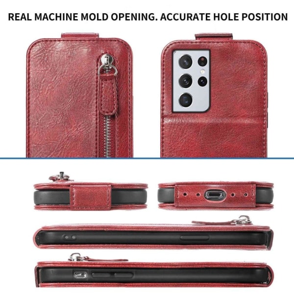 Vertical Flip Phone Suojakotelo With Zipper For Samsung Galaxy S21 Ultra 5G - Punainen Red