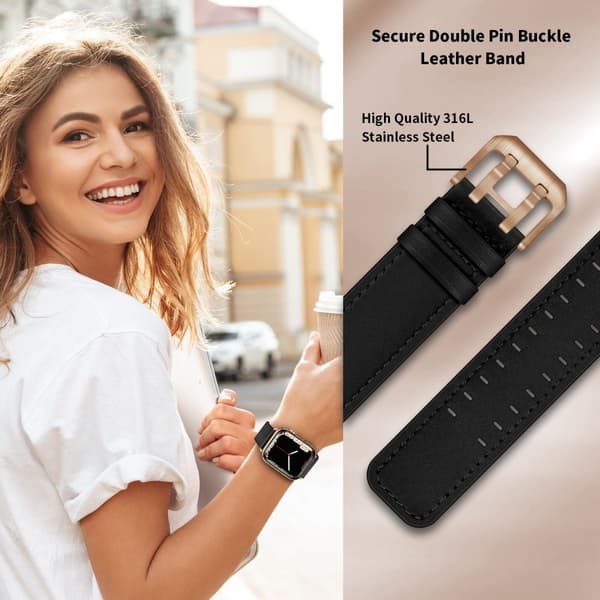 Apple Watch (45 mm) urrem i ægte læder - Sort / Spænde I Rosaguld Black