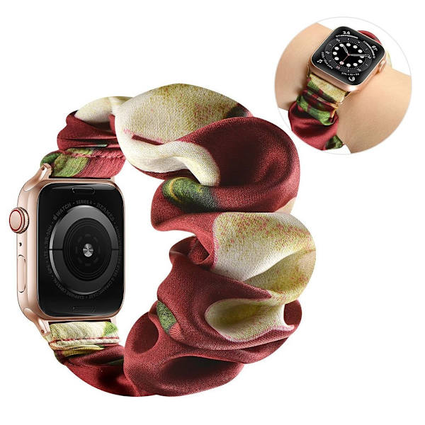 Apple Watch 40mm elastisk hårbåndsurrem - Satin / Grøn Blomst / Størrelse: L Multicolor