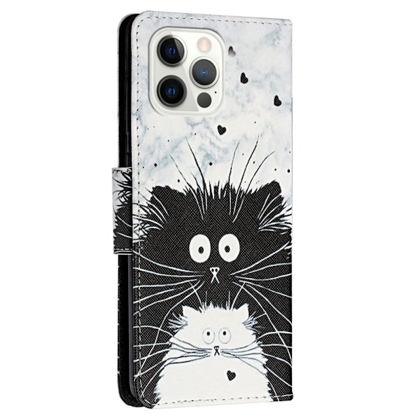 Vegansk lædermønstertryk til iPhone 14 Pro Max, Cross Texture Stand Wallet Folio Flip Phone Cover med håndrem - To Katte White
